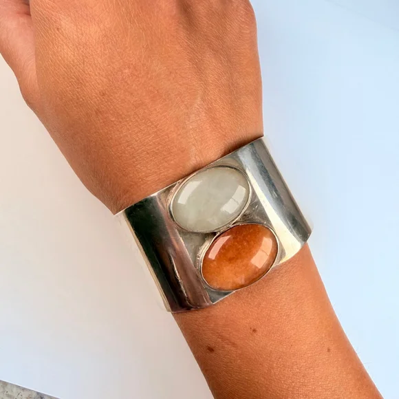 Artisan BIG Orange & Pale Jade Handmade 35mm Wide Sterling Silver Cuff Bracelet - Picture 5 of 11